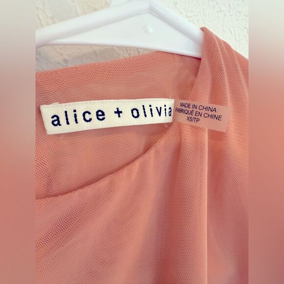 Alice + Olivia Sheer Mesh Bodysuit Top | Nude Salmon Pink Long Sleeve Snap Thong - Picture 3 of 4